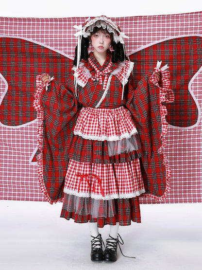 SOS MEME CLUB – Showa Retro Red Plaid Kimono Blouse blouse SOS MEME CLUB