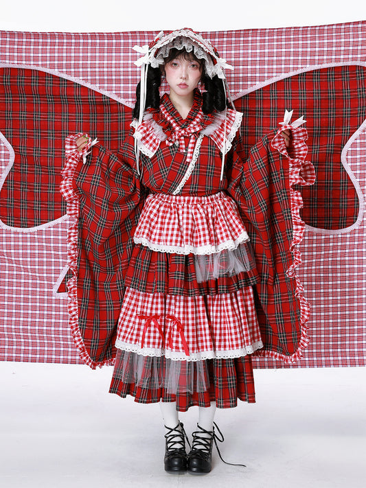 SOS MEME CLUB – Showa Retro Red Plaid Kimono Blouse blouse SOS MEME CLUB