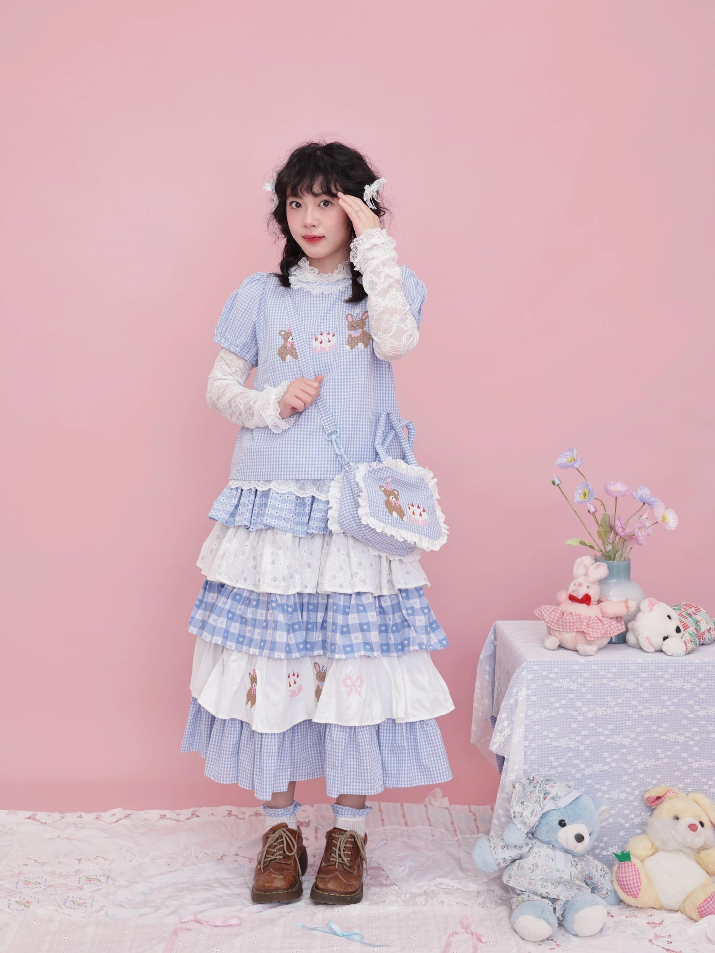 SemenCoicis Sweet Bear Embroidered Shirt | Kawaii Puff Sleeve Plaid Blouse shirt SemenCoicis