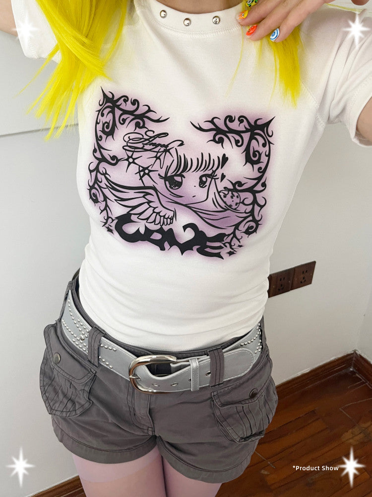 Oogreenapple - Angel Graphic Slim Short Sleeve Tee shirt Oogreenapple