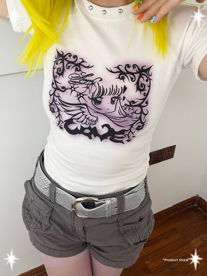 Oogreenapple - Angel Graphic Slim Short Sleeve Tee shirt Oogreenapple
