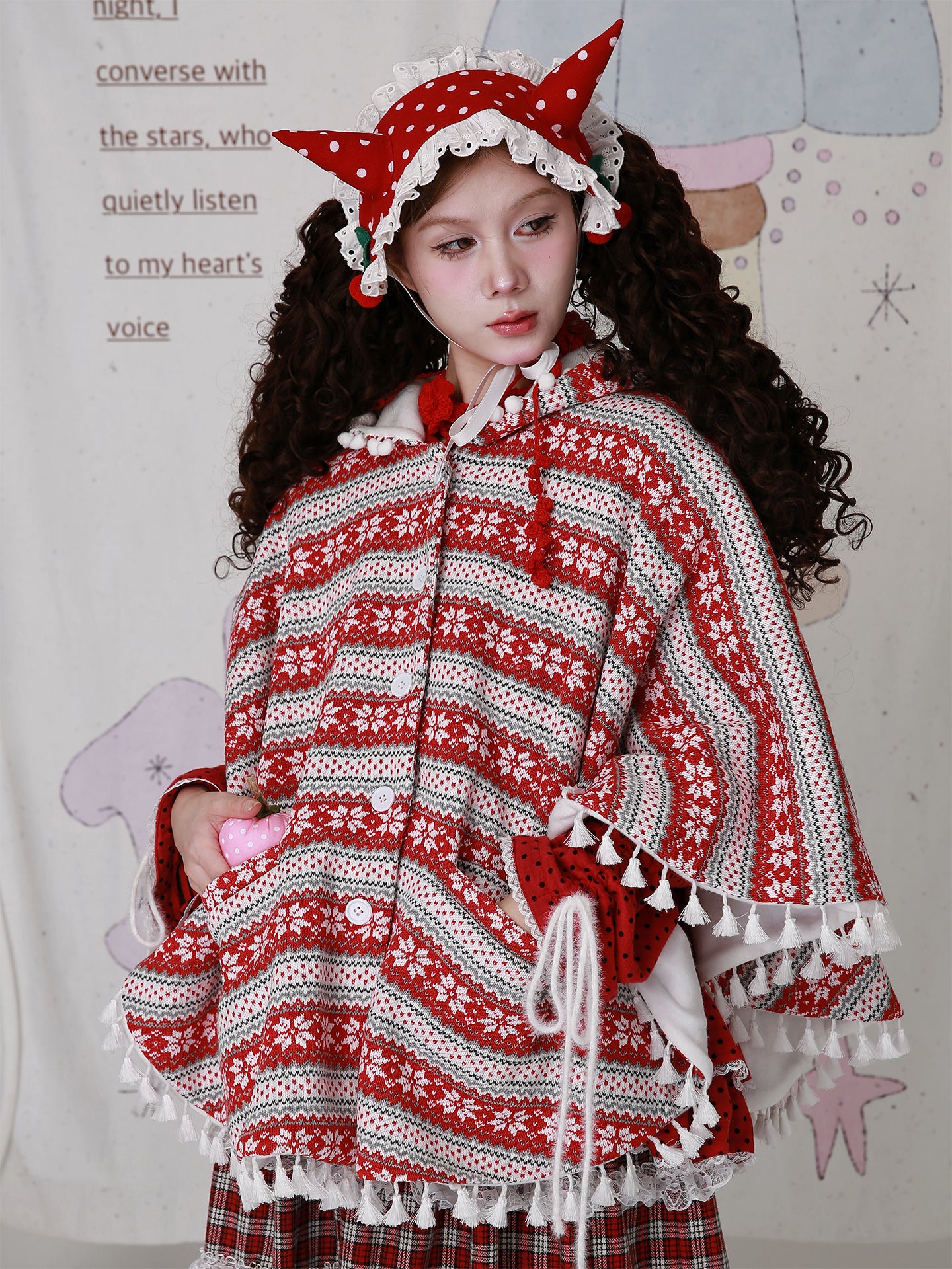 SOS MEME CLUB - Kawaii Red Christmas Cape Vintage Showa Lolita Knit Shawl Coat cape SOS MEME CLUB