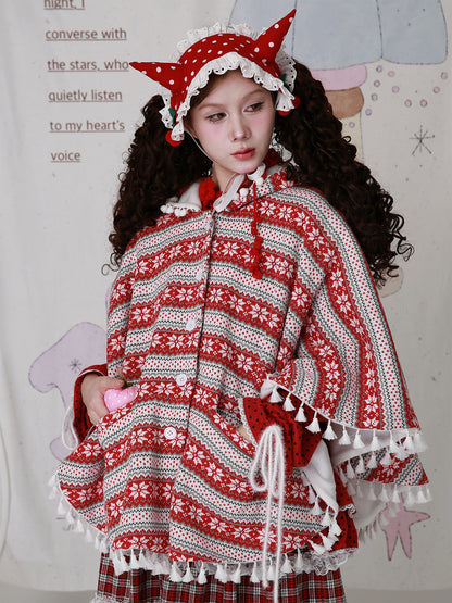 SOS MEME CLUB - Kawaii Red Christmas Cape Vintage Showa Lolita Knit Shawl Coat cape SOS MEME CLUB
