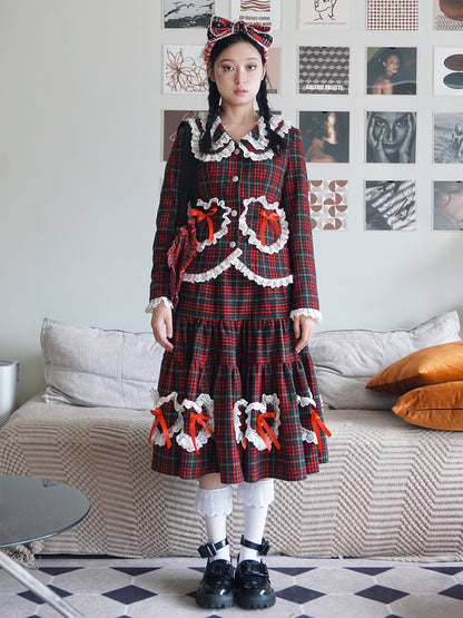 SOS MEME CLUB - Showa Retro Christmas Red Lace Trim Skirt skirt SOS MEME CLUB