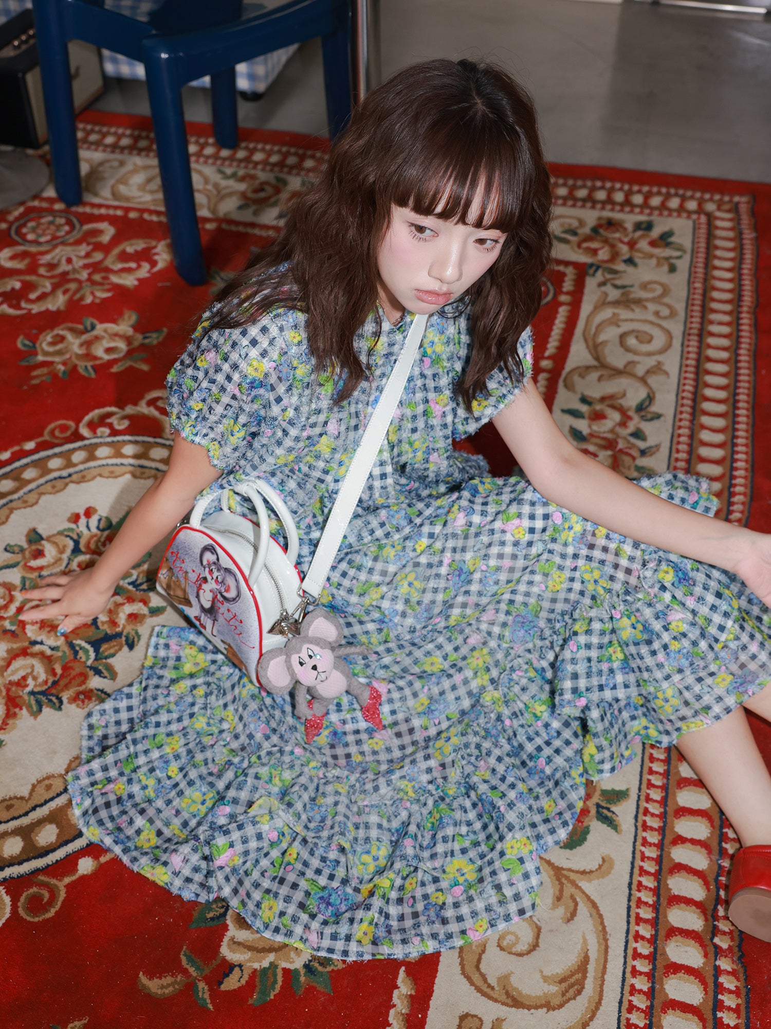 tntntutu Blue & White Plaid Floral Shirt and Mermaid Hem Skirt Set set tntntutu