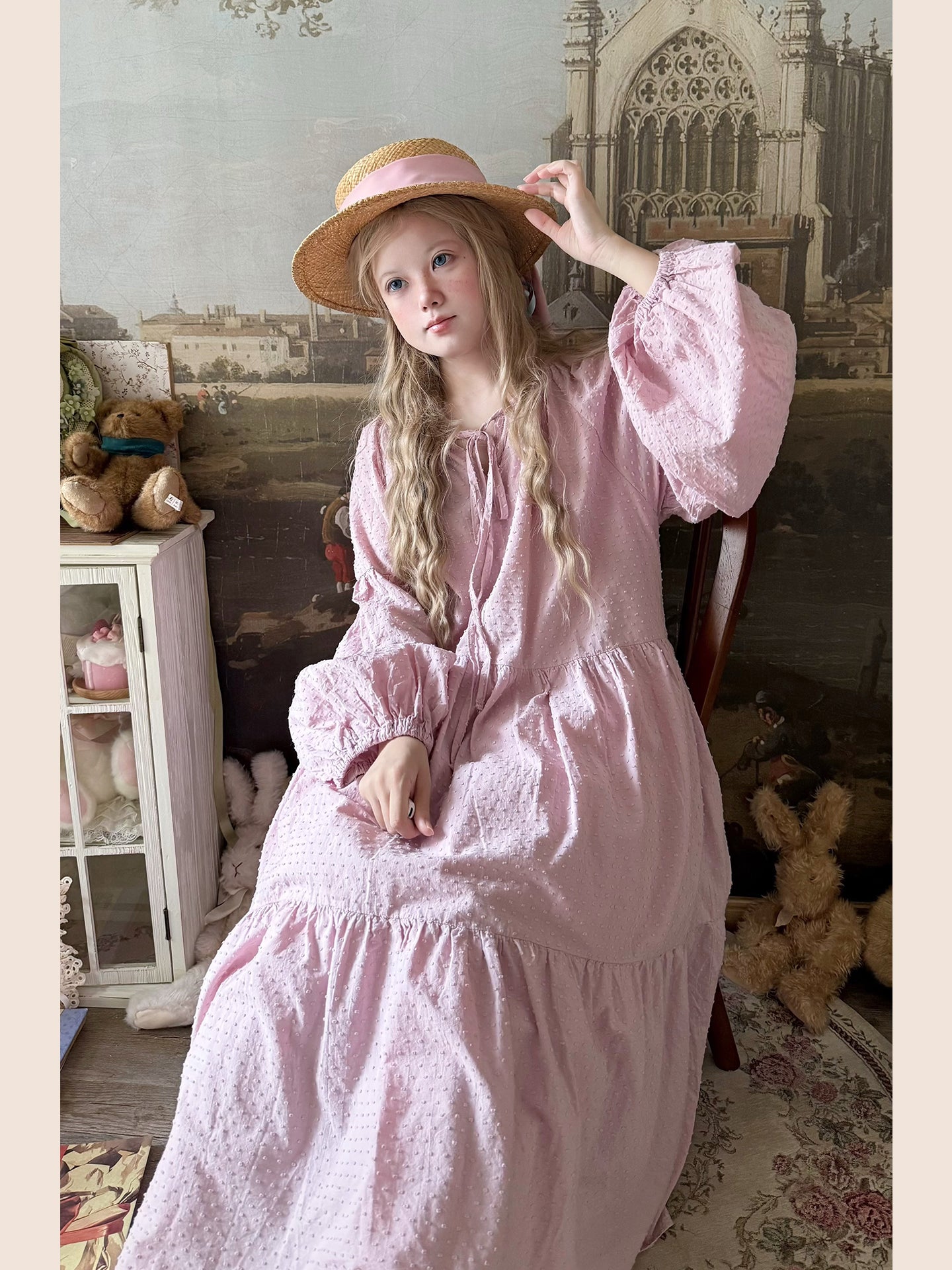 Labeau - Kawaii Polka Dot Tie Waist Puff Sleeve Midi Dress