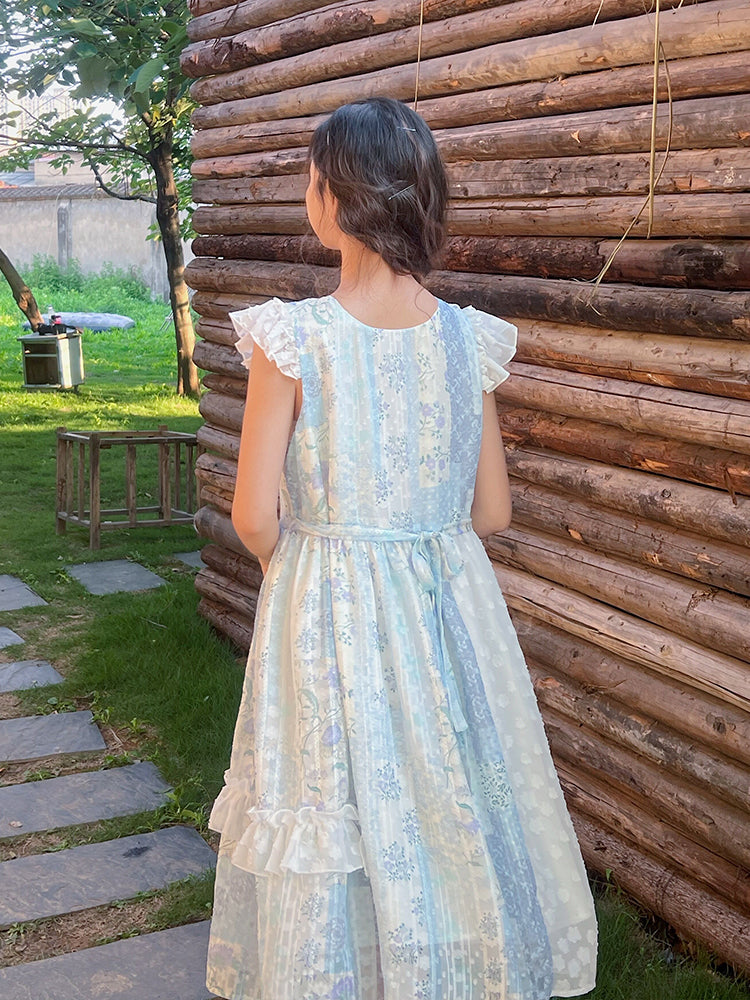 Mameya - Kawaii Light Blue Chiffon Vest Dress Ruffle Cap Sleeve Midi dress Mameya