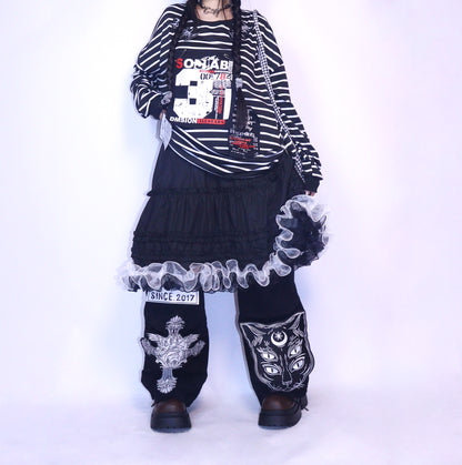 Leerroo - Y2K Sweet Punk Ruffle Skirt Elastic Waist A-Line Long Skirt skirt Leerroo