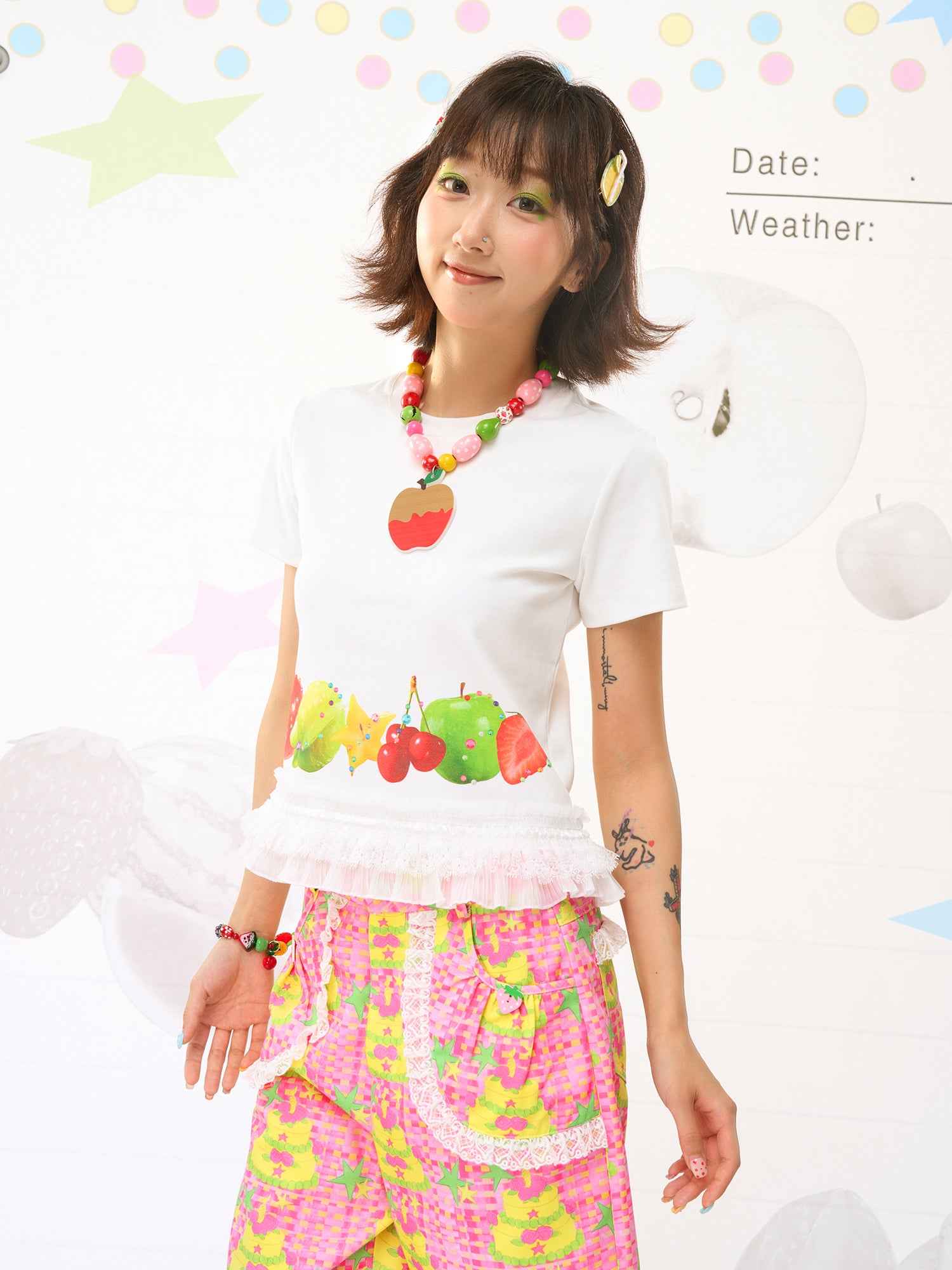 FRUITS Print Cami | Lace‑Hem Tee | White Sleeveless Shirt tshirt Fruits