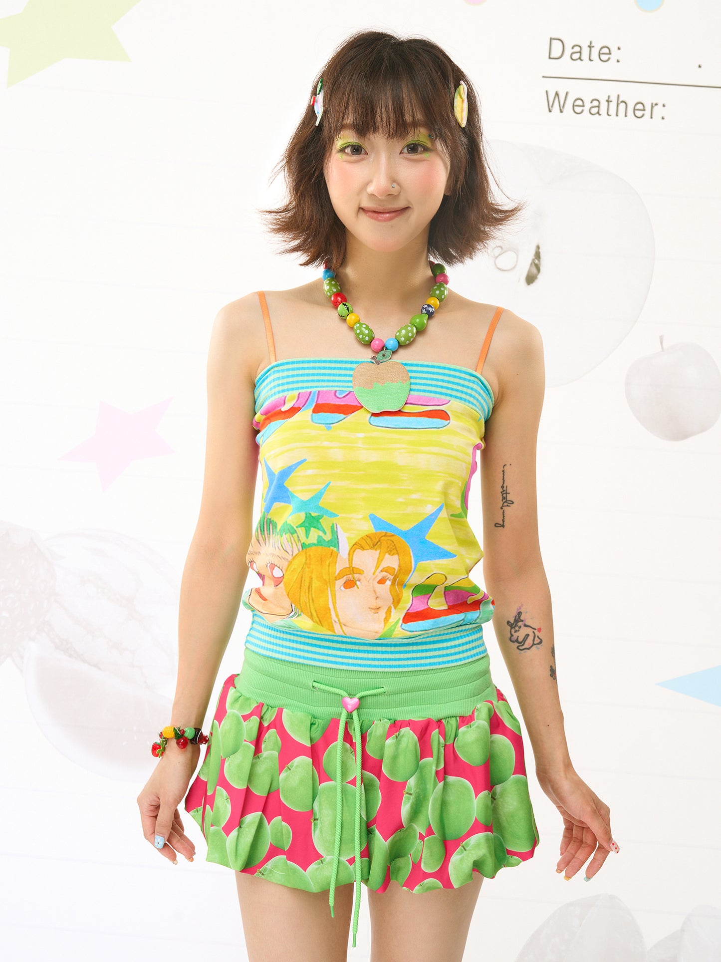 FRUITS Illustration‑Print Cami | Bandeau Cami Top | Stretch Knit tank top Fruits