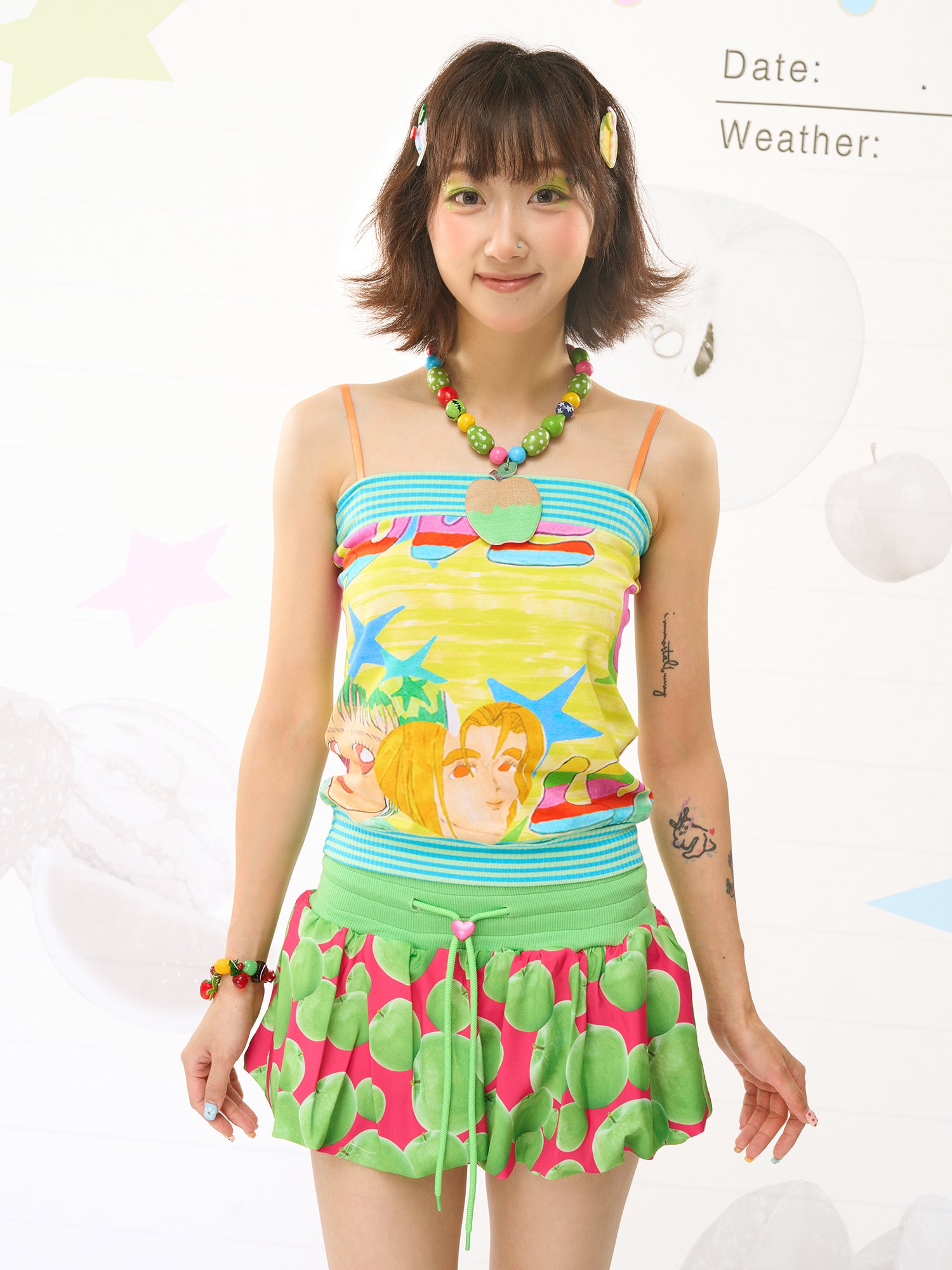 FRUITS Illustration‑Print Cami | Bandeau Cami Top | Stretch Knit tank top Fruits