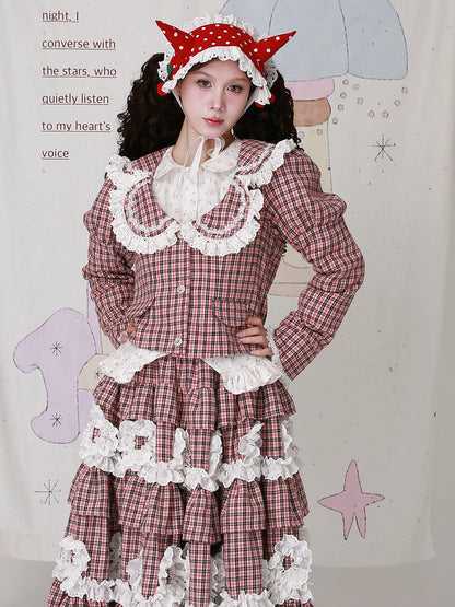 SOS MEME CLUB - Kawaii Jacket Showa Retro Pink Plaid Jacket jacket SOS MEME CLUB
