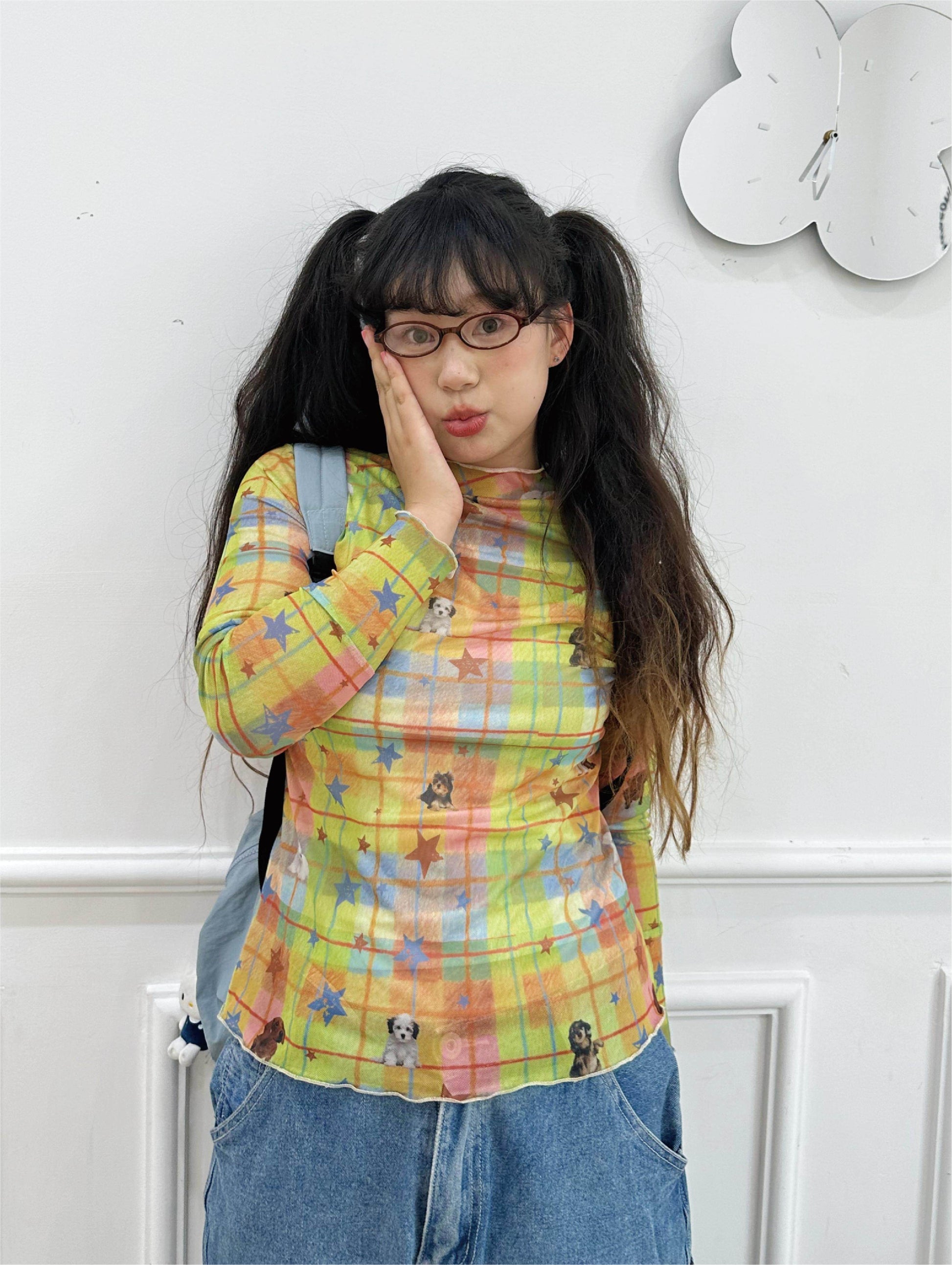 Autumn Oxygen - All-Over Puppy Print Mesh Long Sleeve Top shirt Autumn Oxygen