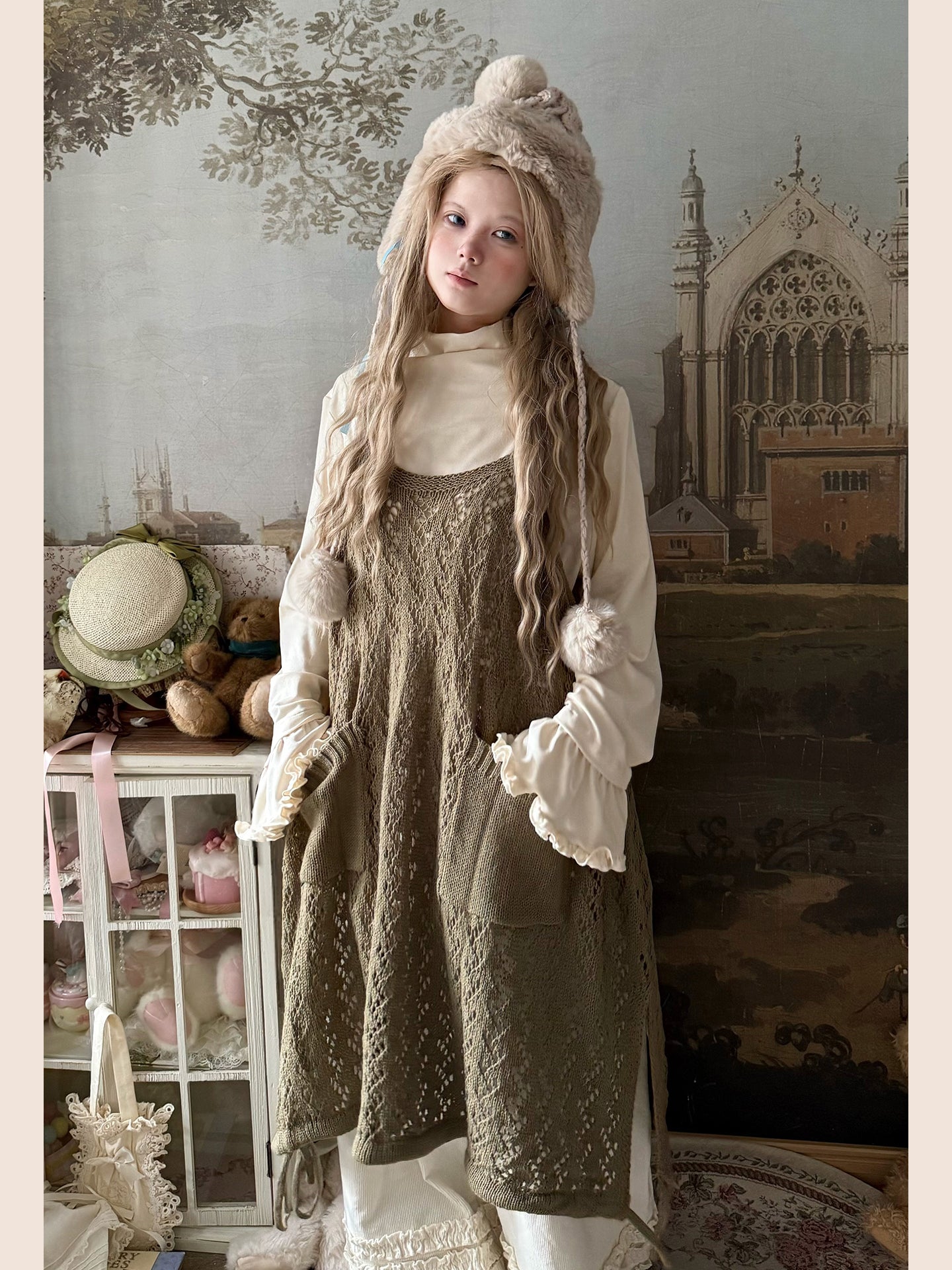 Labeau - Kawaii Retro Knit Hollow Strap Overlay Dress dress Labeau