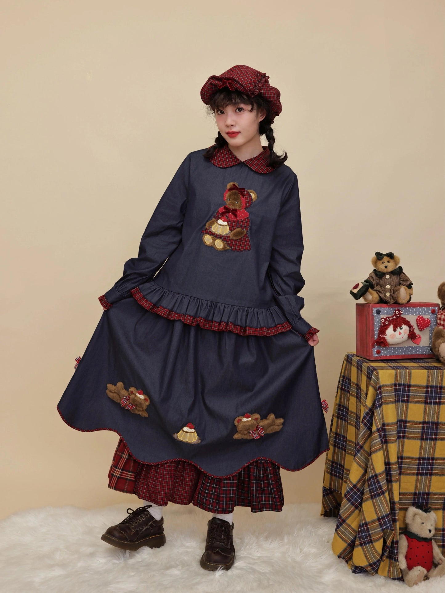 SemenCoicis - Kawaii Denim Shirt Plaid Lace Pudding Bear blouse SemenCoicis