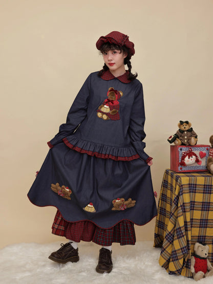 SemenCoicis - Kawaii Denim Shirt Plaid Lace Pudding Bear blouse SemenCoicis
