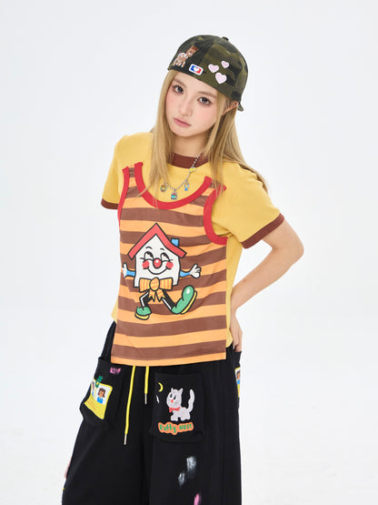 Robootoo - Brown Yellow Faux Layered Print T-Shirt tshirt Robootoo
