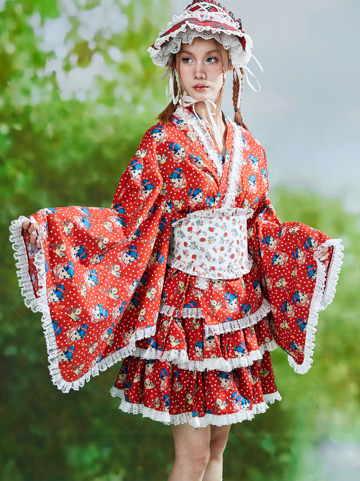 SOS MEME CLUB - Retro Showa Red Kimono Yukata dress SOS MEME CLUB