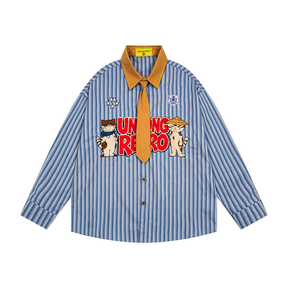 BIBULU - Japanese Cartoon Embroidered Stripe Shirt shirt BIBULU Blue M