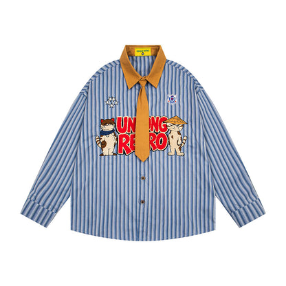 BIBULU - Japanese Cartoon Embroidered Stripe Shirt shirt BIBULU Blue M