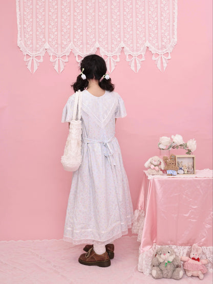 SemenCoicis - Kawaii Floral Sailor Dress - Blue Cotton Lace Trim dress SemenCoicis