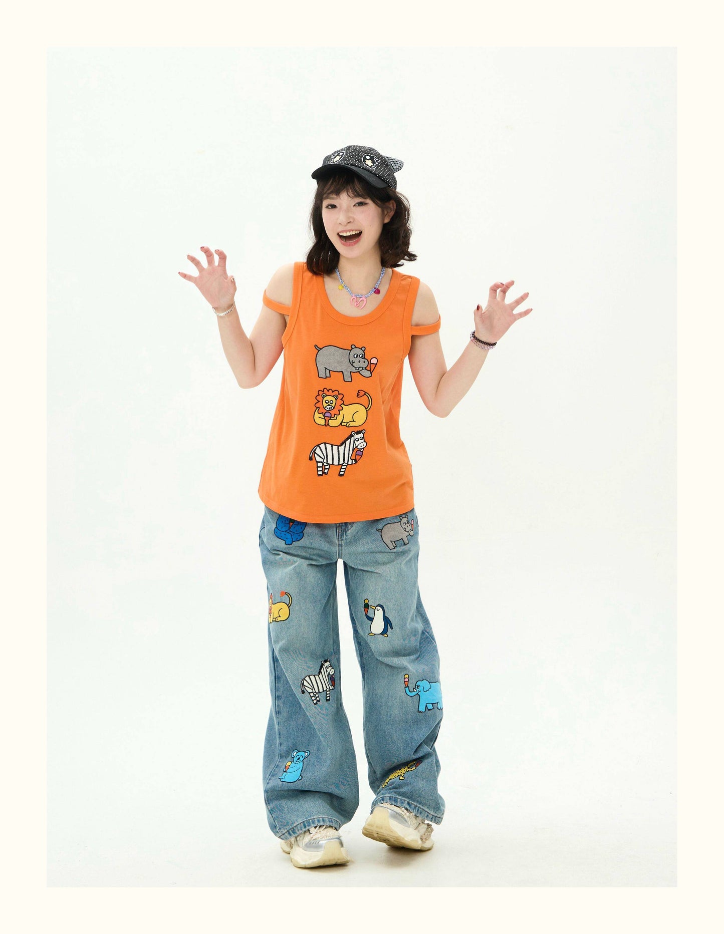 Robootoo - Orange Cartoon Embroidered Sleeveless Top tee Robootoo