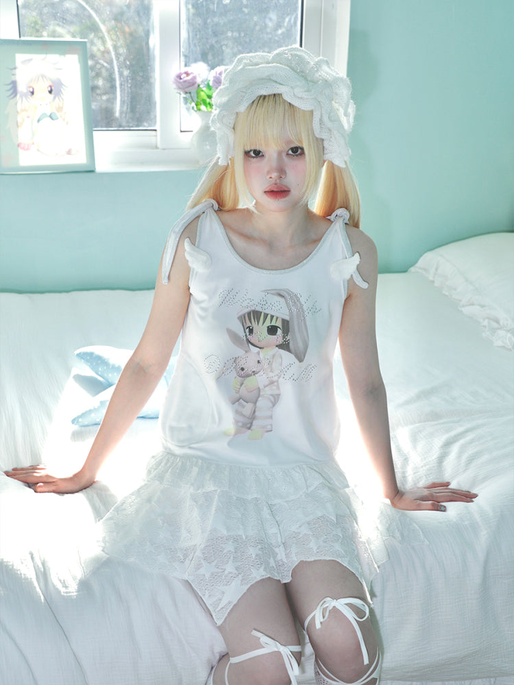 Hashtag DDD – White Wing Ruffle Tank Top | Rhinestone Spaghetti Strap Top camisole Hashtag DDD
