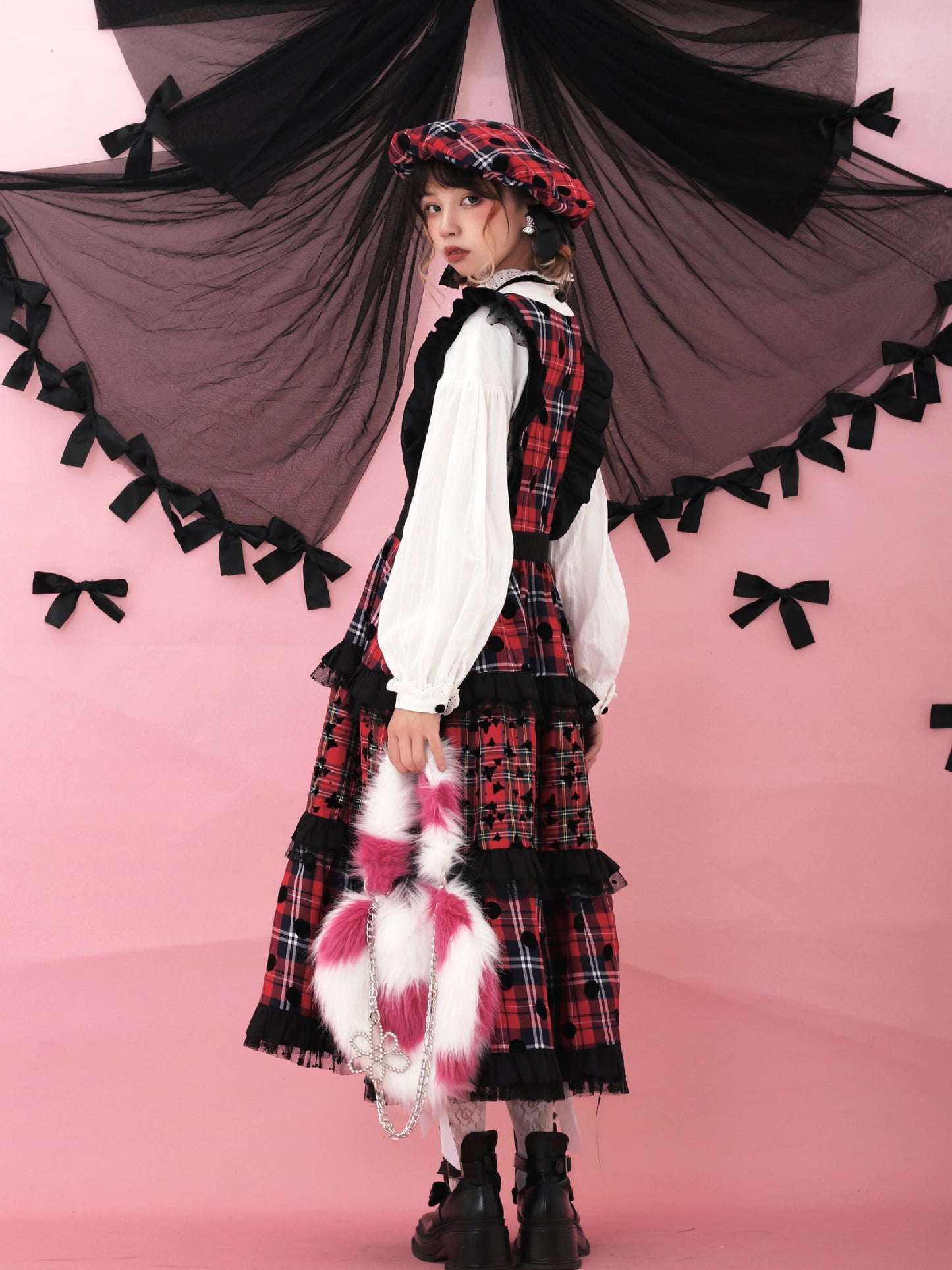 ShiChang Retro Showa Dress | Plaid Tiered Dress | Red Black High Waist Spring Dress dress ShiChang