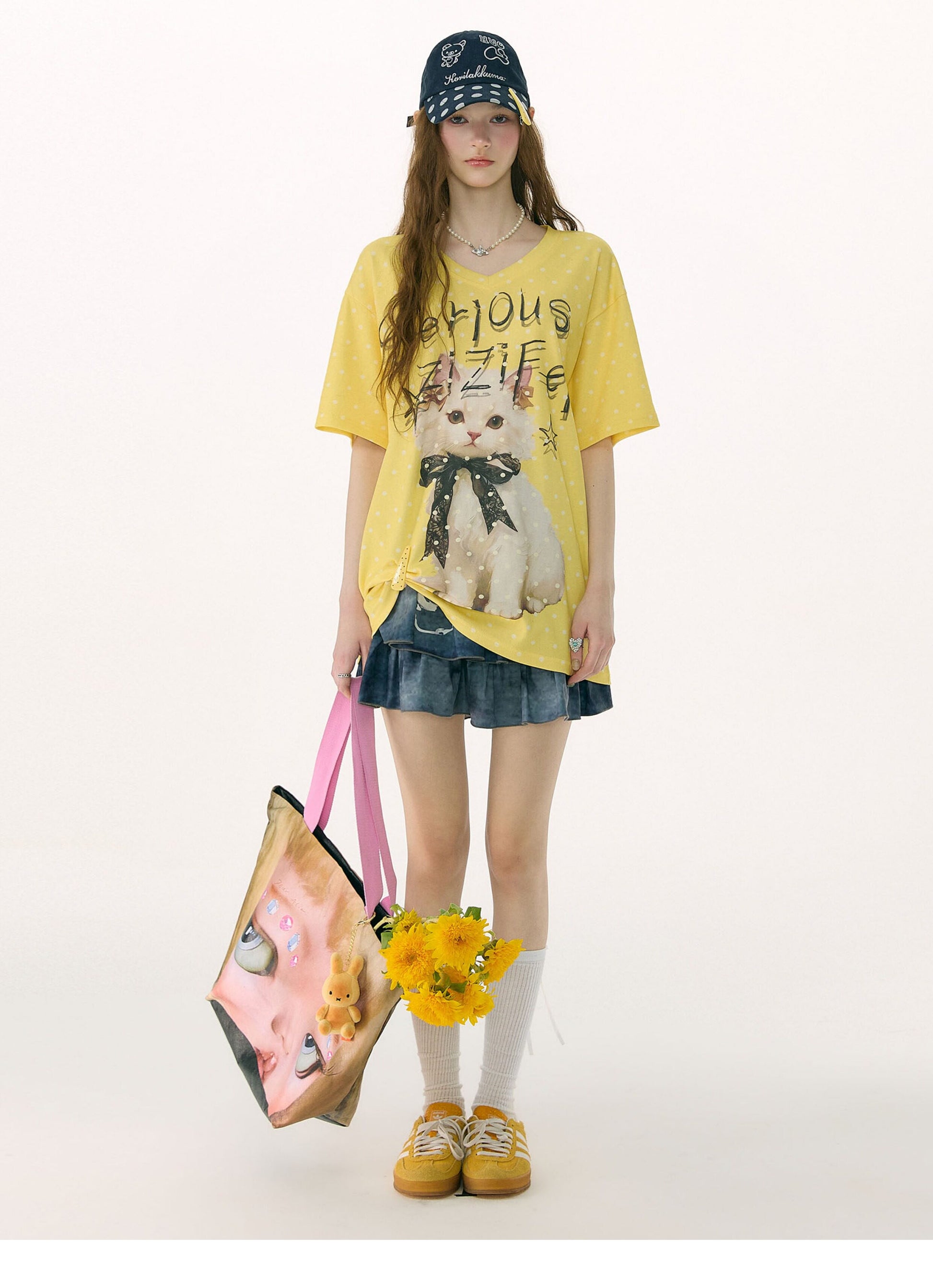 ziziFei - California Dream Cat Print V-Neck Tee tshirt ziziFei