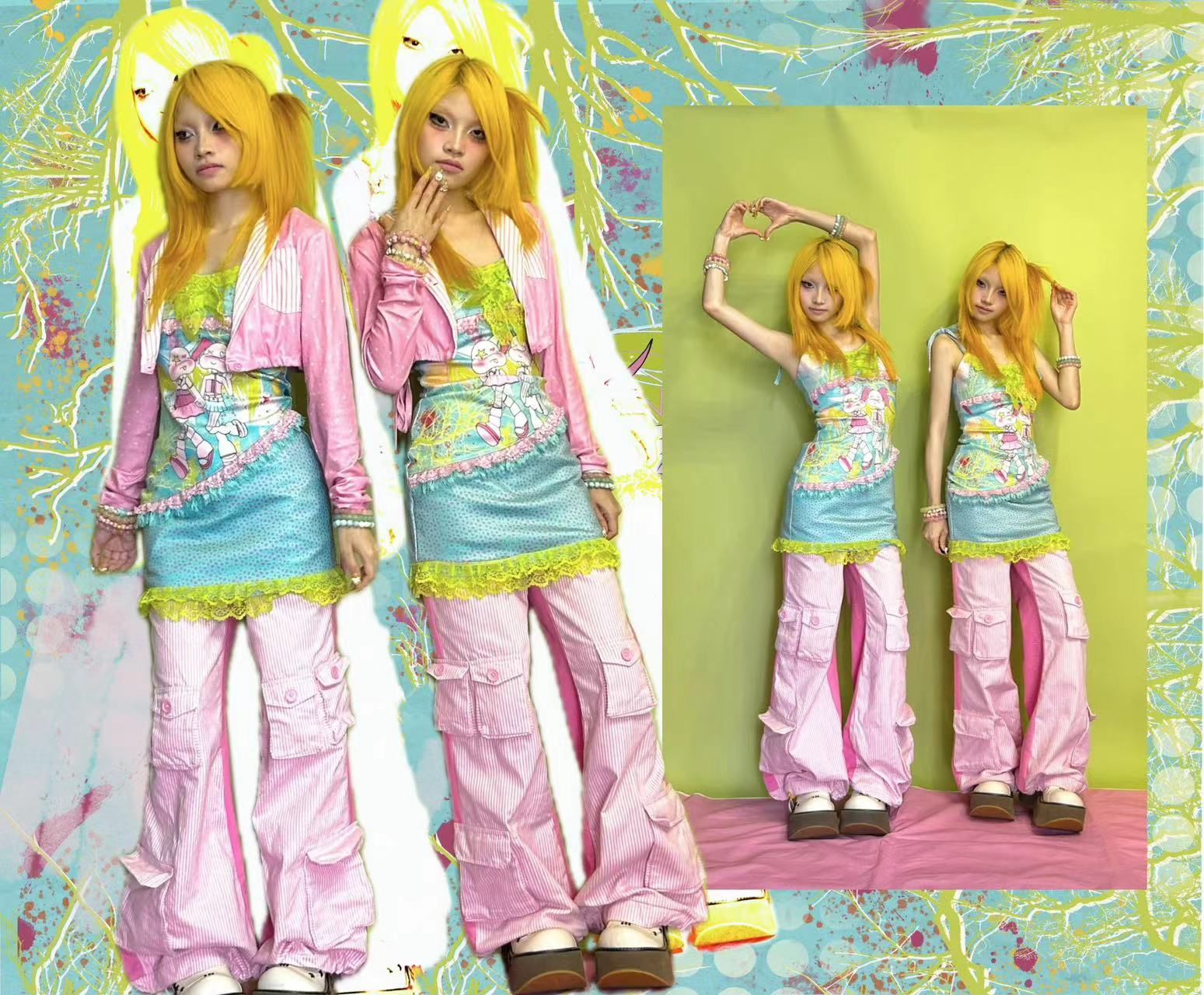 YJM with biubiu Pink Polka Dot Jacket | Striped Patchwork Tie-Up Short Jacket jacket YJM with biubiu