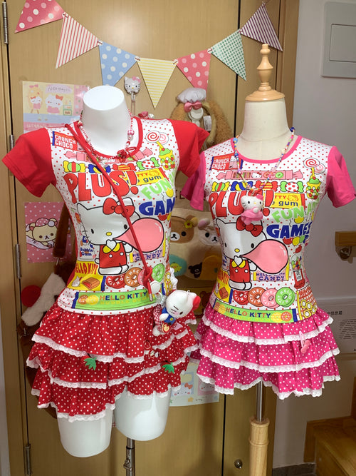 Blurred Bear - Decora Kei Set Kitty Tee & Polka Dot Skirt set Blurred Bear