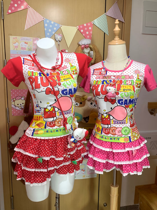 Decora Kei Set – Kitty Tee & Polka Dot Skirt set Blurred Bear