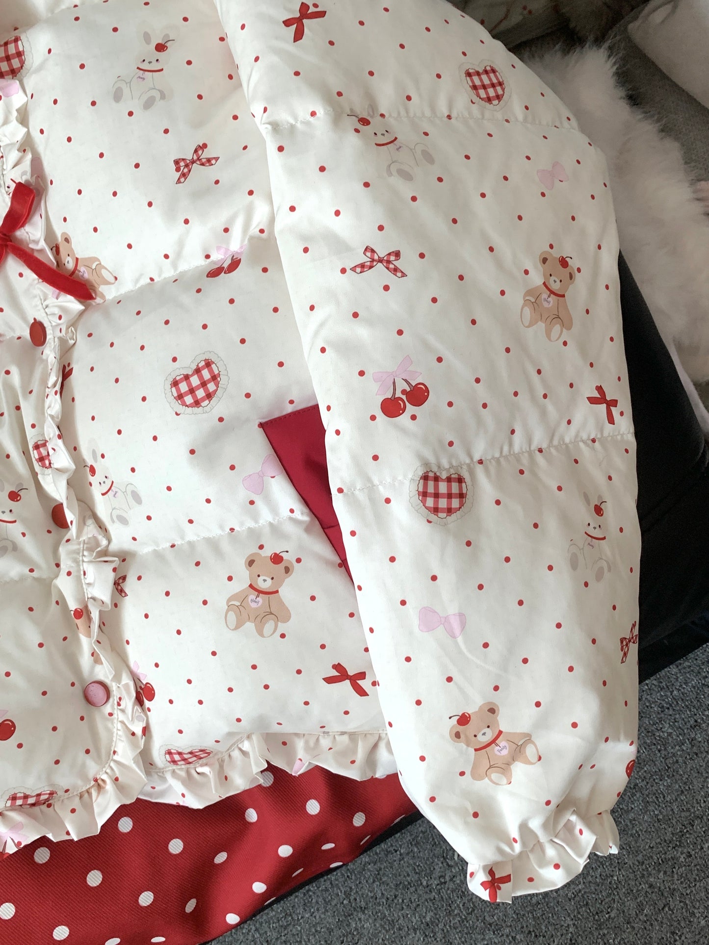 Blurred Bear - Kawaii Bow Print Puffer Jacket jacket Blurred Bear