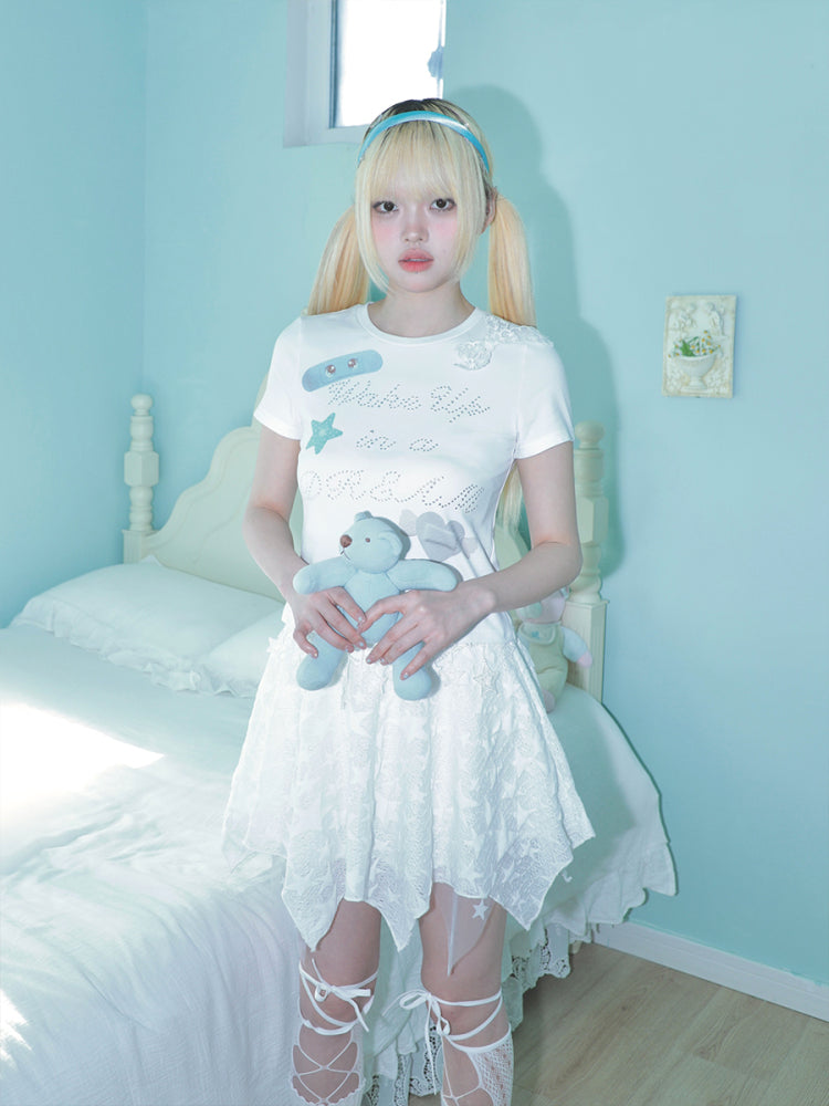 Hashtag DDD – White Dreamy T-shirt with Patchwork Bow Rhinestone tshirt Hashtag DDD