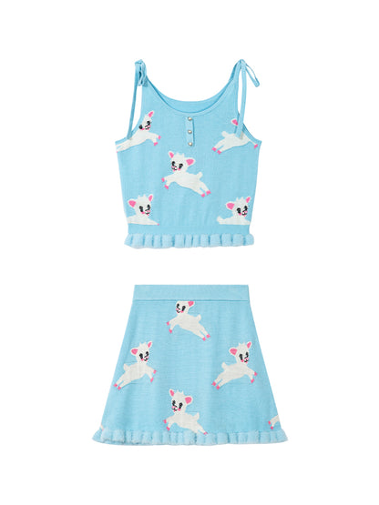 Tntntutu Knitted Set Blue Lamb Illustration Knitted Set Furry Flared Skirt Cozy Top set tntntutu