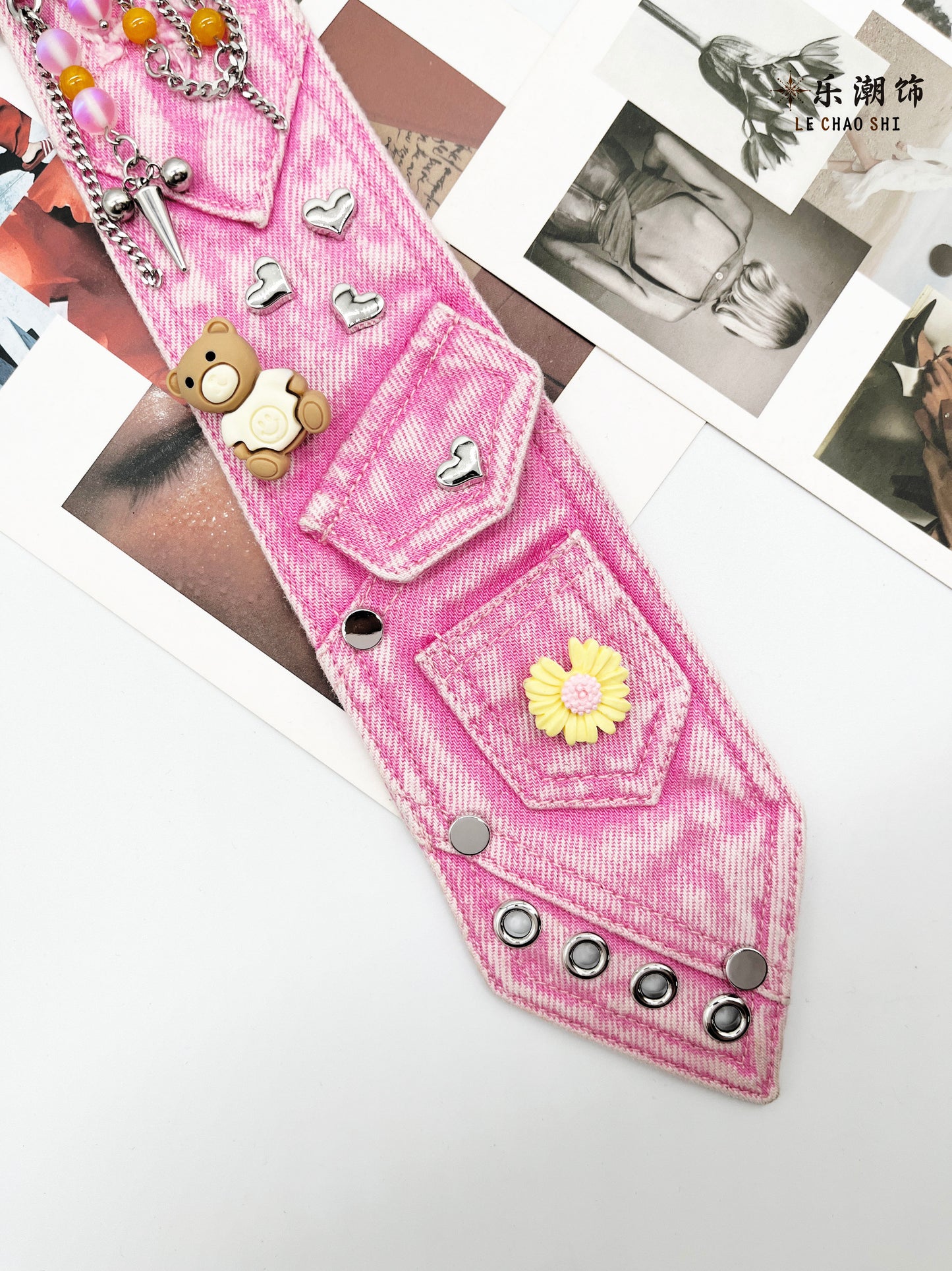 Le Chao - Pink Denim Tie Bear Chain Accessory tie Le Chao