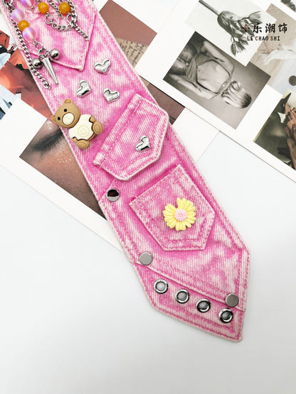 Le Chao - Pink Denim Tie Bear Chain Accessory tie Le Chao