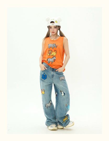 Robootoo - Orange Cartoon Embroidered Sleeveless Top tee Robootoo