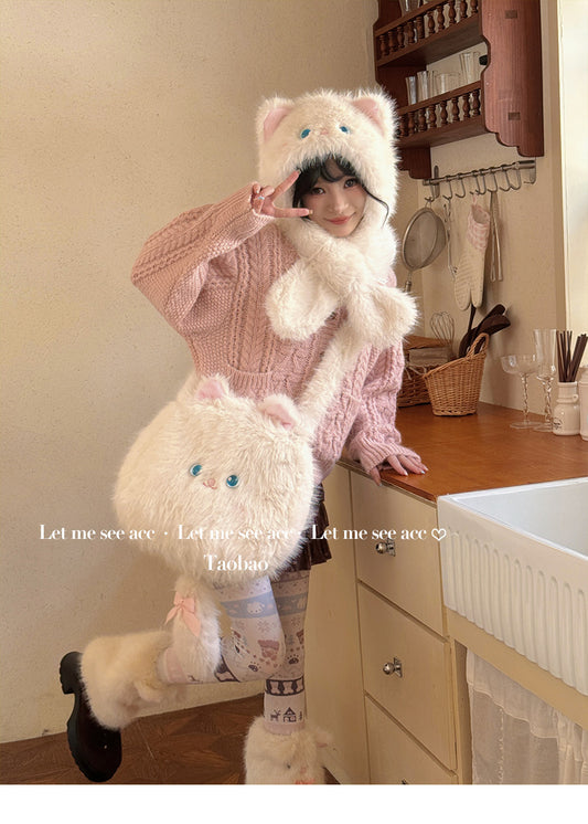 LET ME SEE - Cute Cat Plush Winter Hat & Scarf Set set let me see
