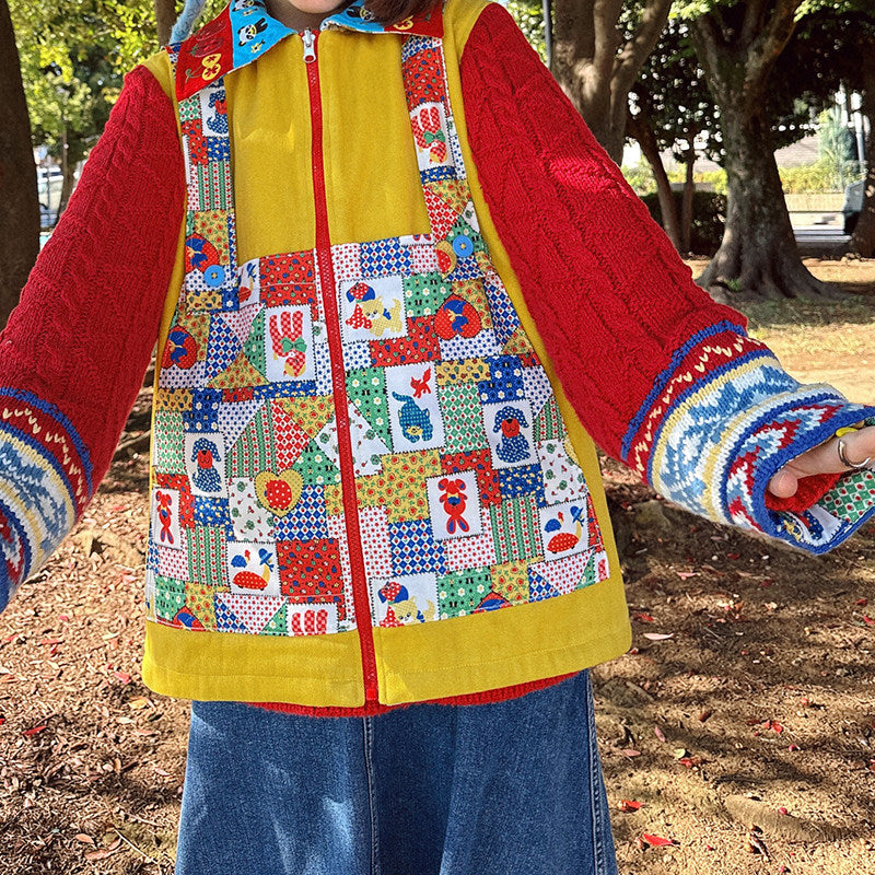made in zzz 双面穿棉服童趣撞色拼接毛线刺绣田园艺术夹棉外套 jacket made in zzz