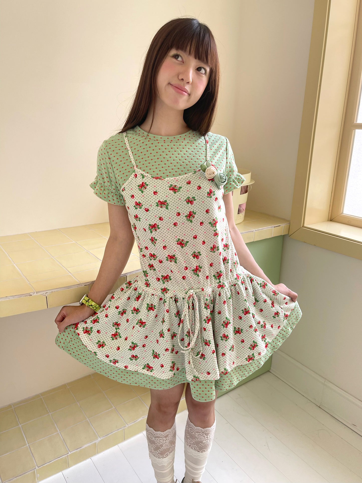 FRUITS - Mint Green Polka Dot Puff Sleeve Dress dress Fruits