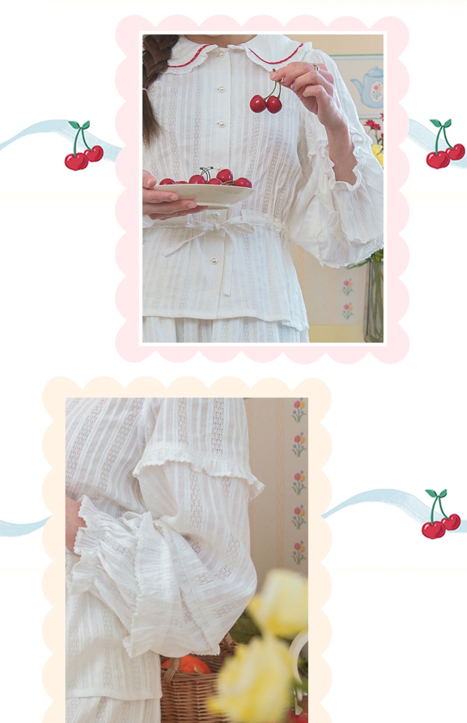 Little Berry - Lace Texture Embroidered White Blouse shirt Little Berry