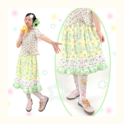 Shishihshop Green Plaid Patchwork Midi Skirt | Harajuku Vintage Ruffle Skirt skirt shishihshop