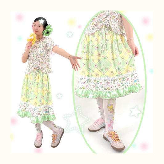 Shishihshop Green Plaid Patchwork Midi Skirt | Harajuku Vintage Ruffle Skirt skirt shishihshop