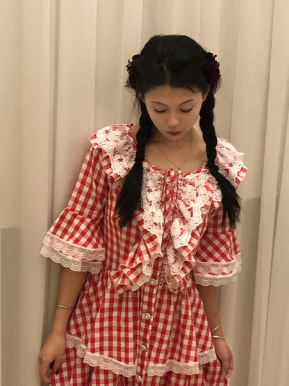 Nanjun Vintage - Red Plaid Lolita Cake Dress dress Nanjun Vintage