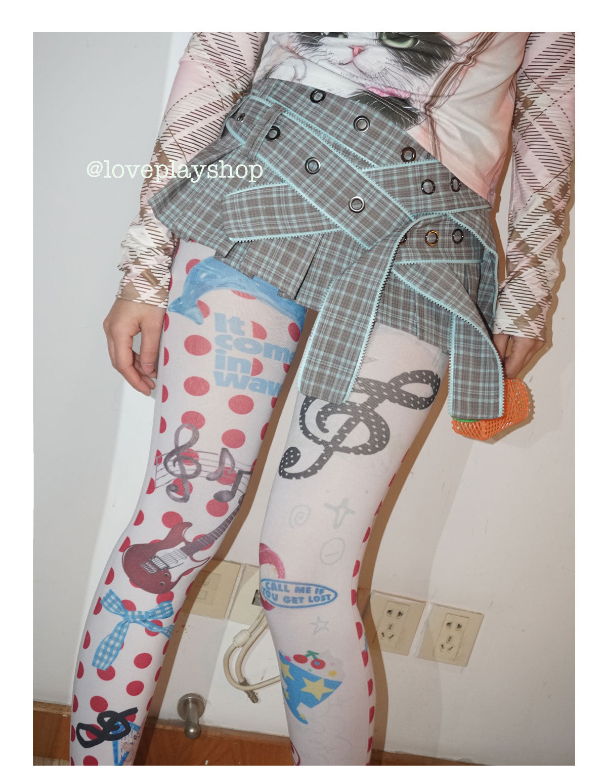 Loveplay - Y2K Velvet Tights Red Polka Dot Collage Print tights loveplay