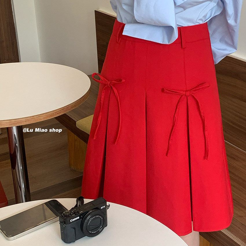 Lu Miao - Red Bow Pleated A-Line Skirt skirt Lu miao