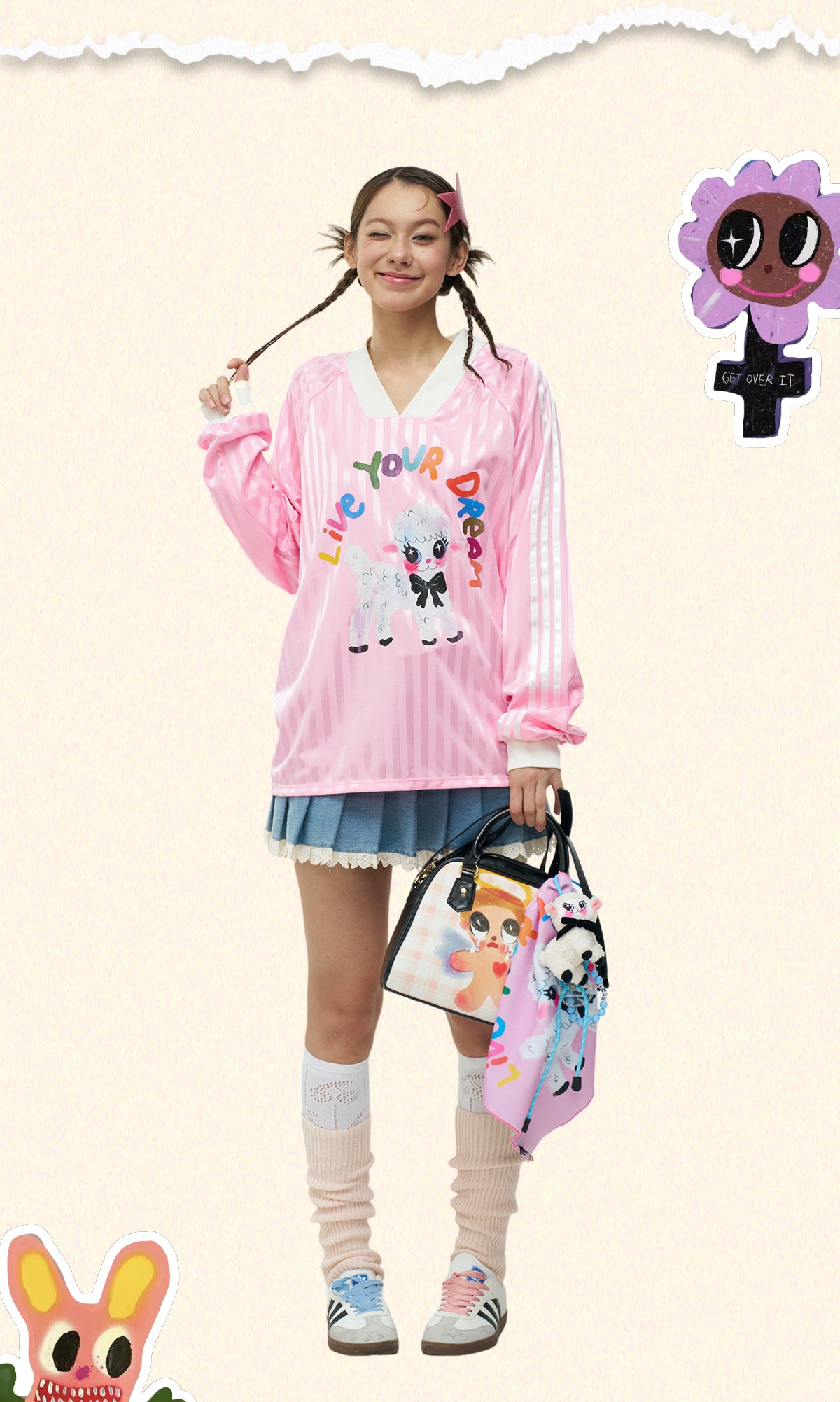 iscreamcolour MOF - Pink Sheep Print Baseball Long Sleeve Tee shirt iscreamcolour