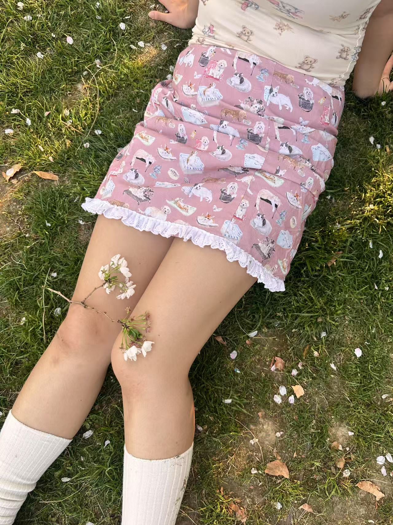 Romantic Rimande Café - Cat Print A-Line Mini Skirt