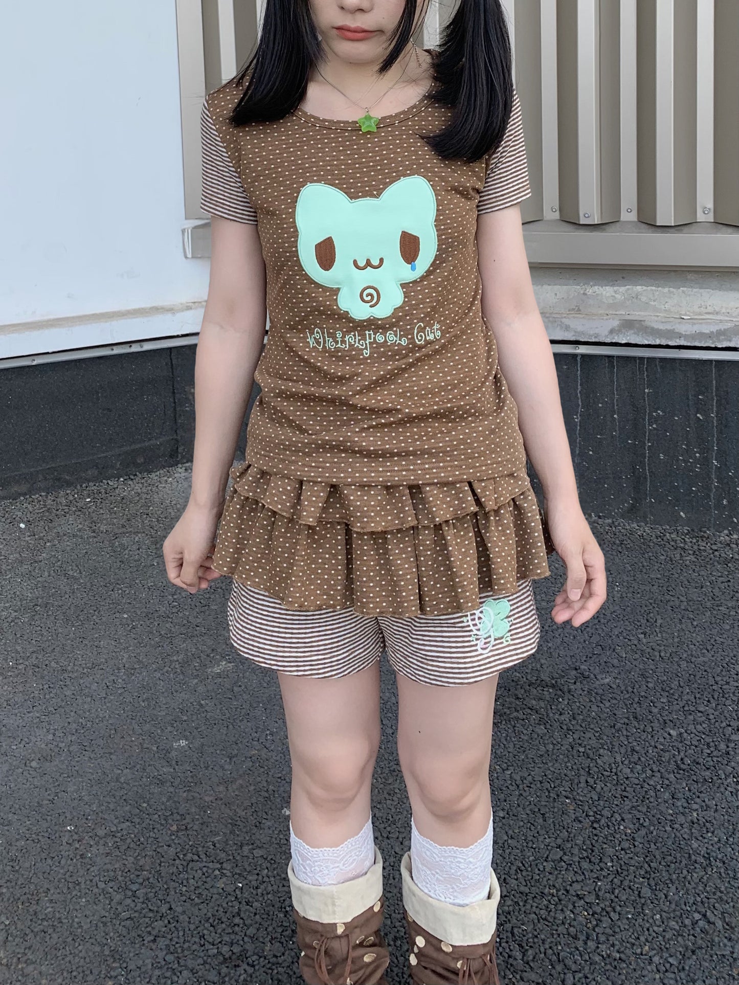 CokoStore - Brown Polka Dot Clover Embroidered Skort skirt coko store
